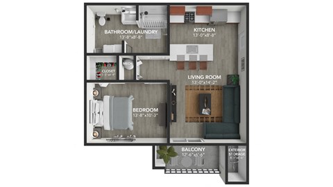 Floor plan for 1 bed, 1 bath, 713 sqft